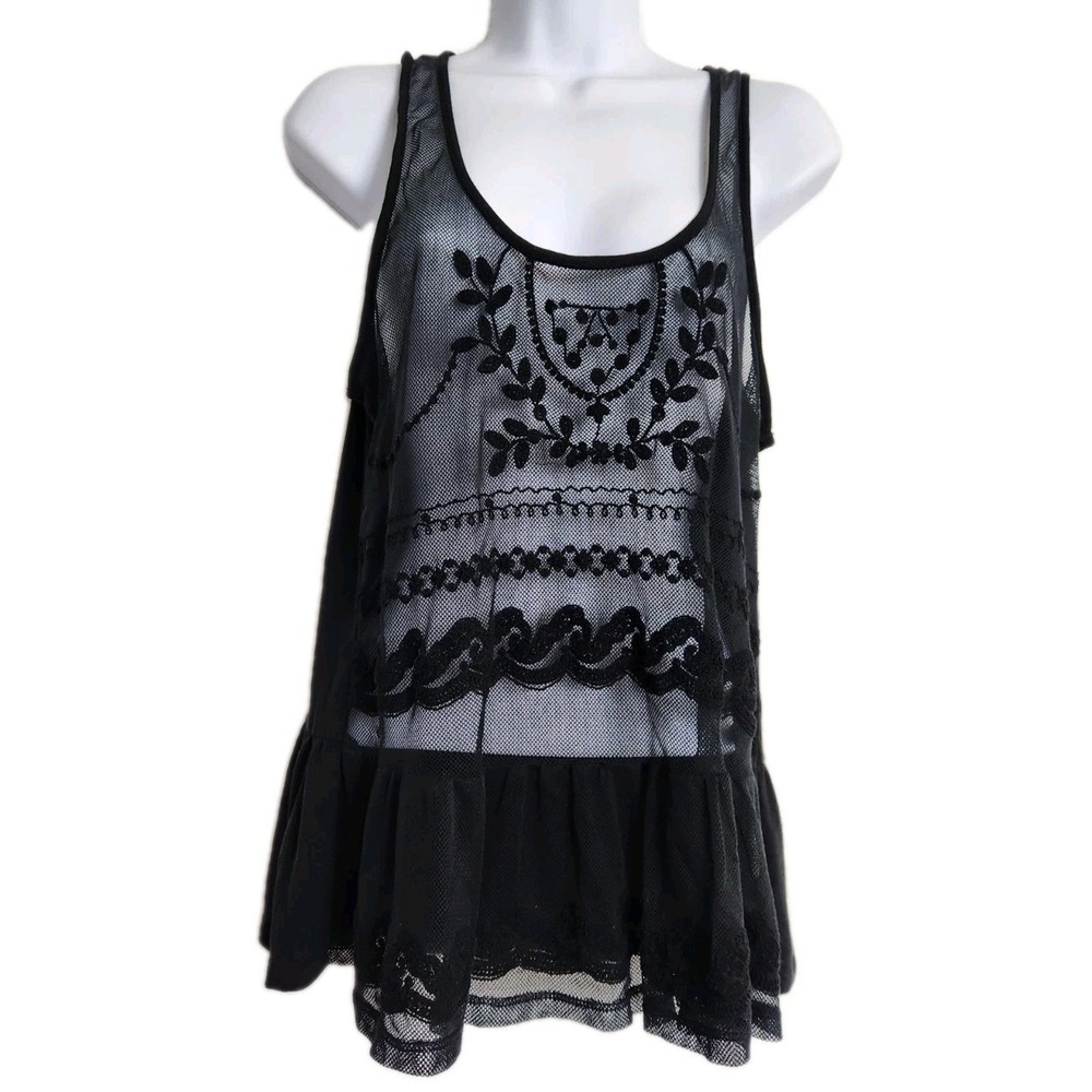 American Eagle Black Lace Mesh Peplum Tank Top Womens Medium Boho Whimsigoth Y2K